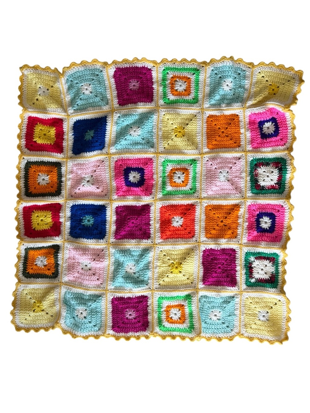 Handmade Crochet Granny Square Small Lap Blanket Throw Colorful Scalloped Border